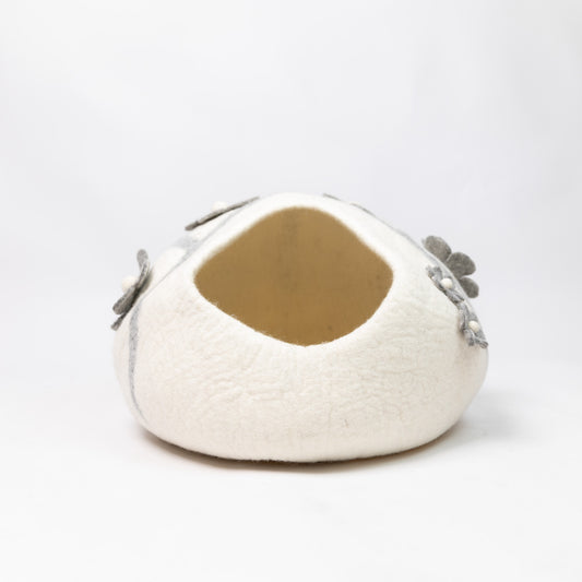 100% New Zealand Wool Felt Cat Bed color floral off white gray lower cat cave, handmade cat cave, orange cat in the cat cave, white flower cat cave, unique cat house