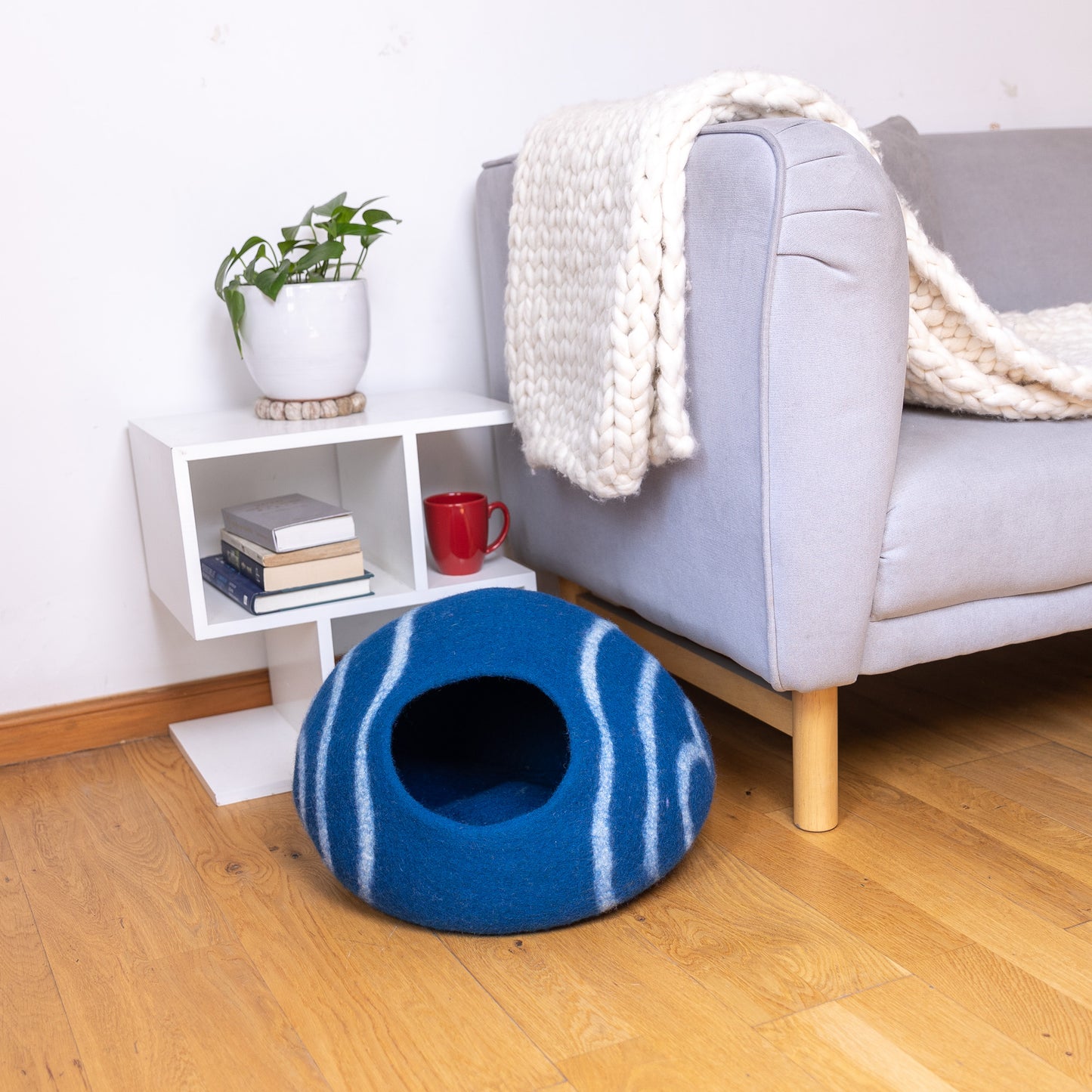 Blue Striped Cat Cave, Wool Felt Striped Cat Cave, Wool Cat House, Felt Cat Bed, Handmade Cat House