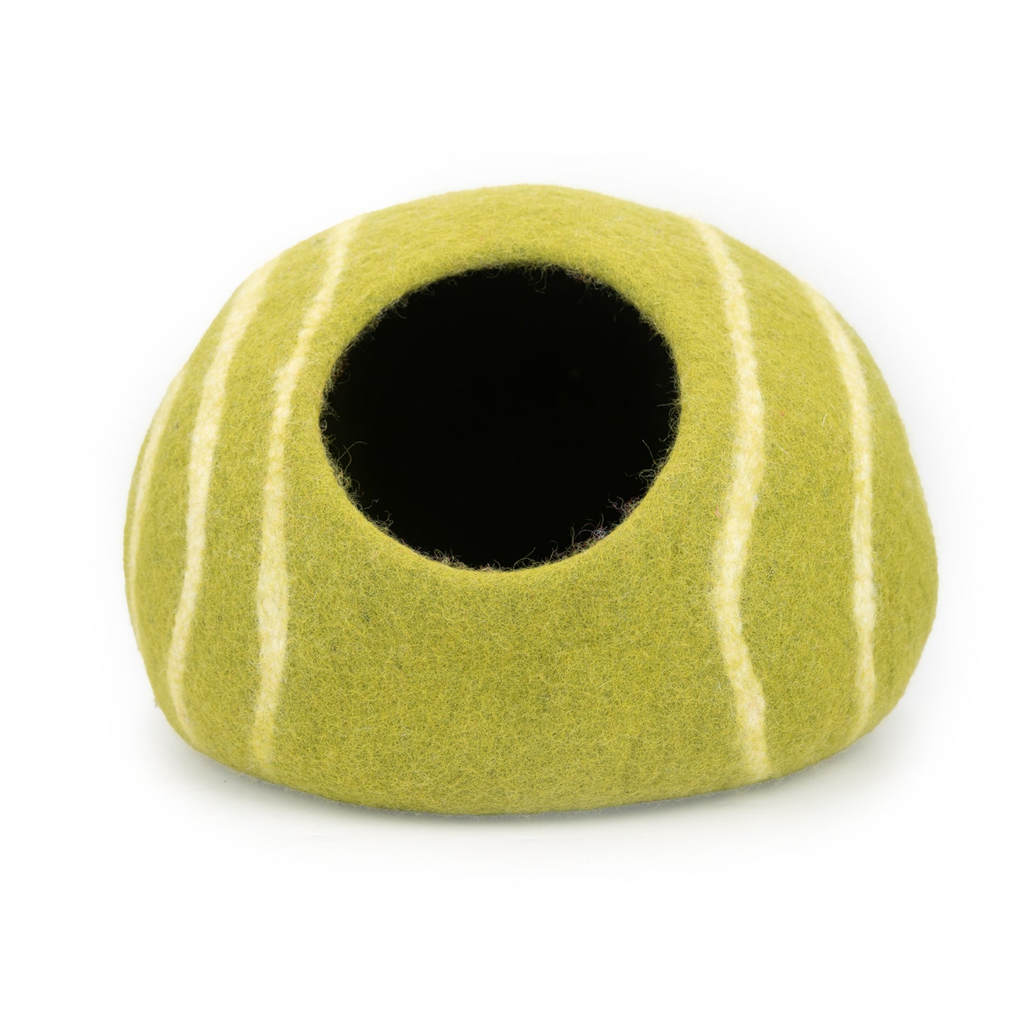 Front view of handmade stripe design wool felt cat cave