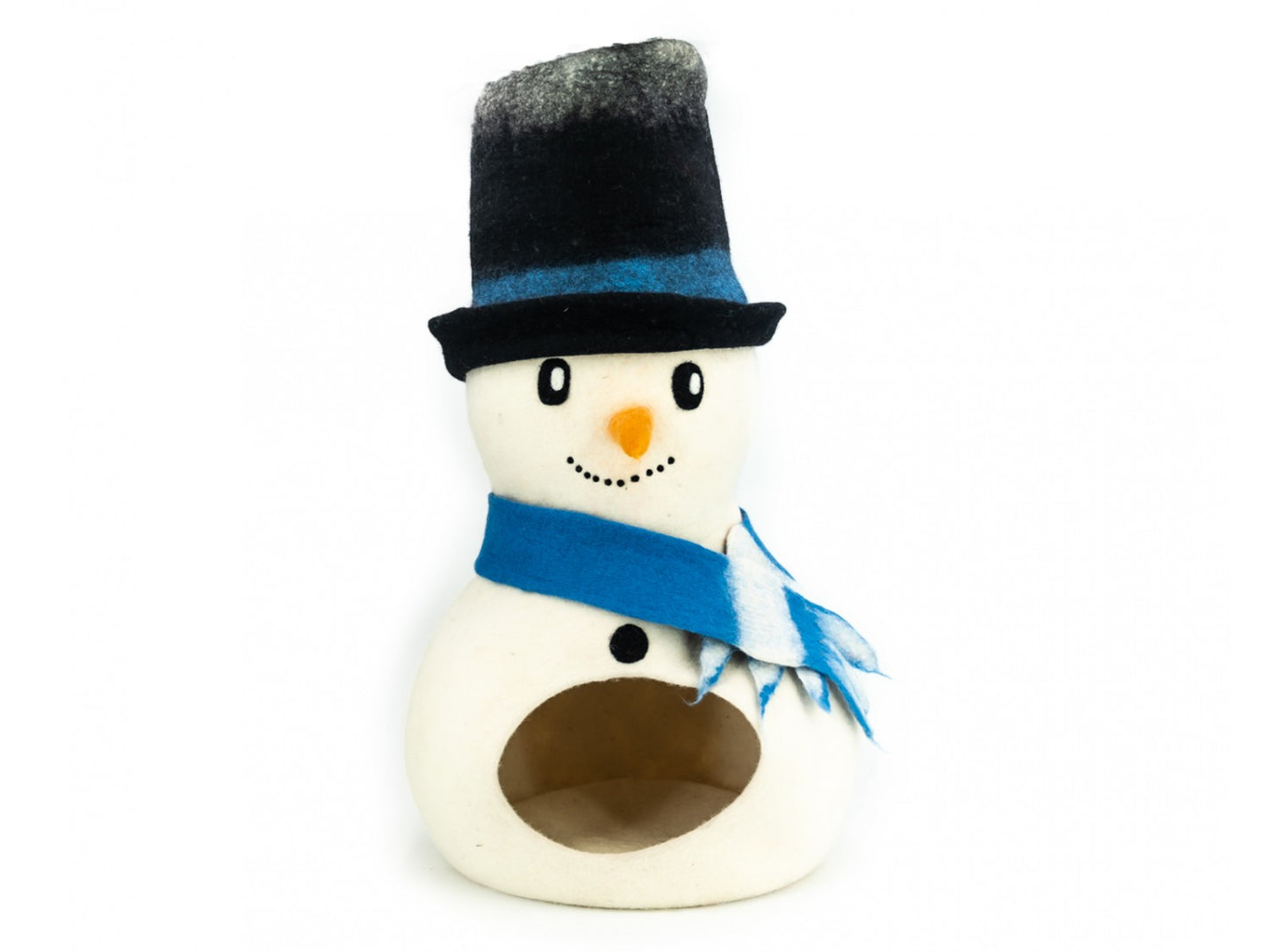 Snowman-shaped birdhouse with a blue scarf and black top hat on a white background