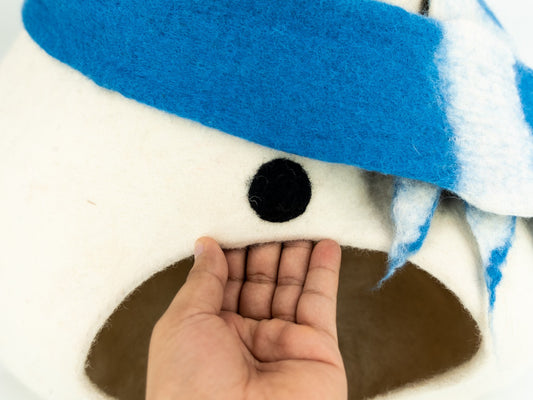 Close-up of a plush toy with a blue hat and brown mouth, held by a hand against a white background.