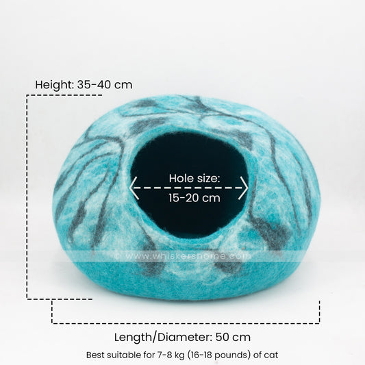 Ocean marble felt cat cave showing dimensions 50cm length and 35–40cm height