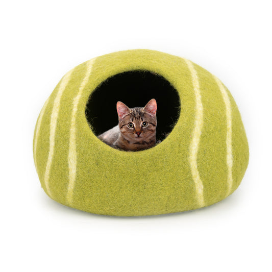 Cat relaxing inside modern green stripe felt cat cave bed