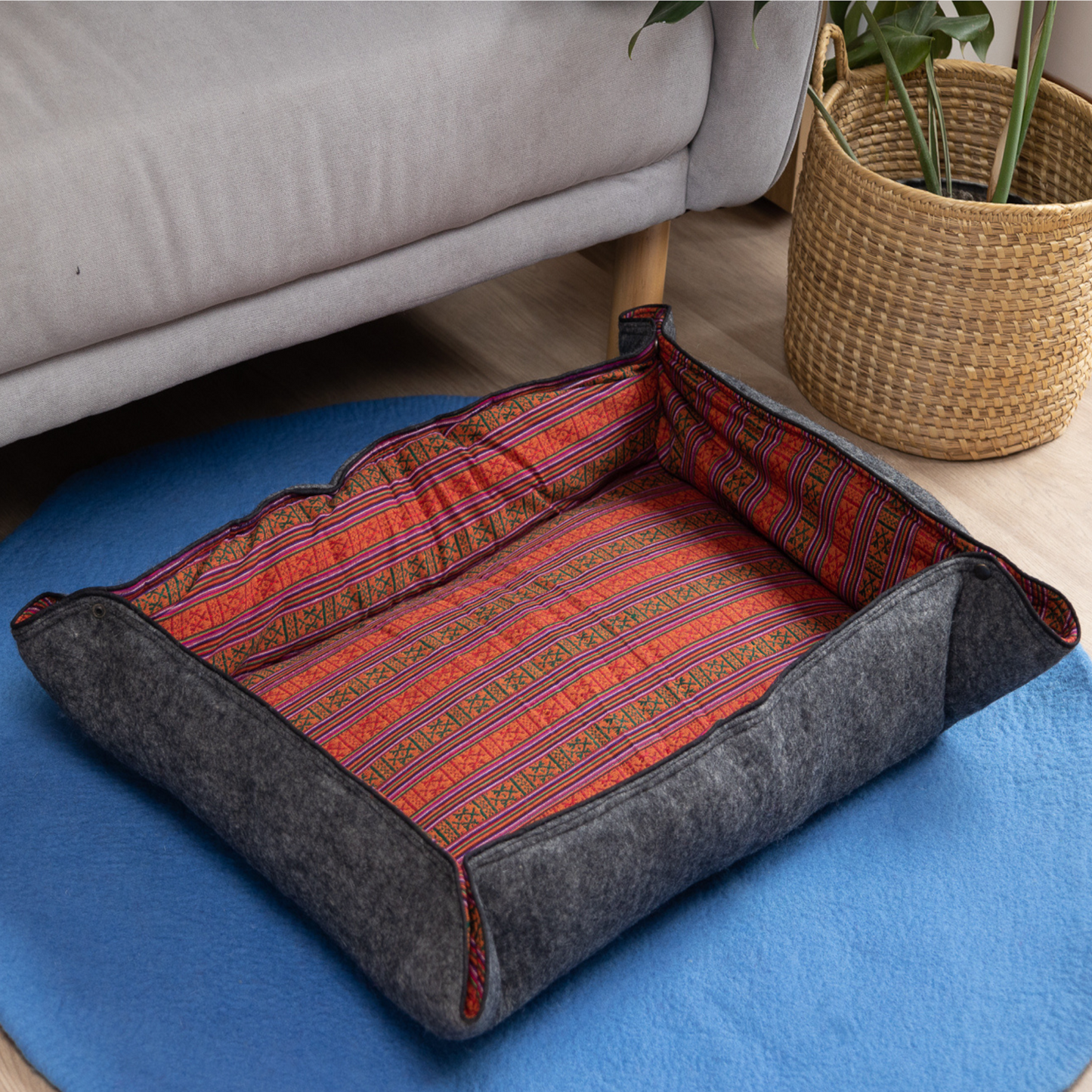 Whiskers Home Wool Felt Dog Bed with 100% Wool and Dhaka Fabric Cover Color Red Stripped Blue Gray