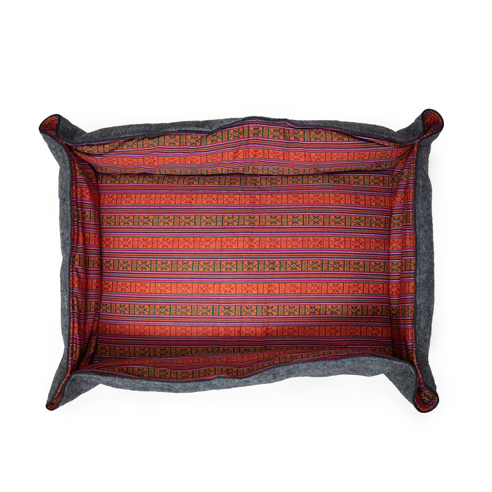 Whiskers Home Wool Felt Dog Bed with 100% Wool and Dhaka Fabric Cover Color Red Stripped Blue Gray