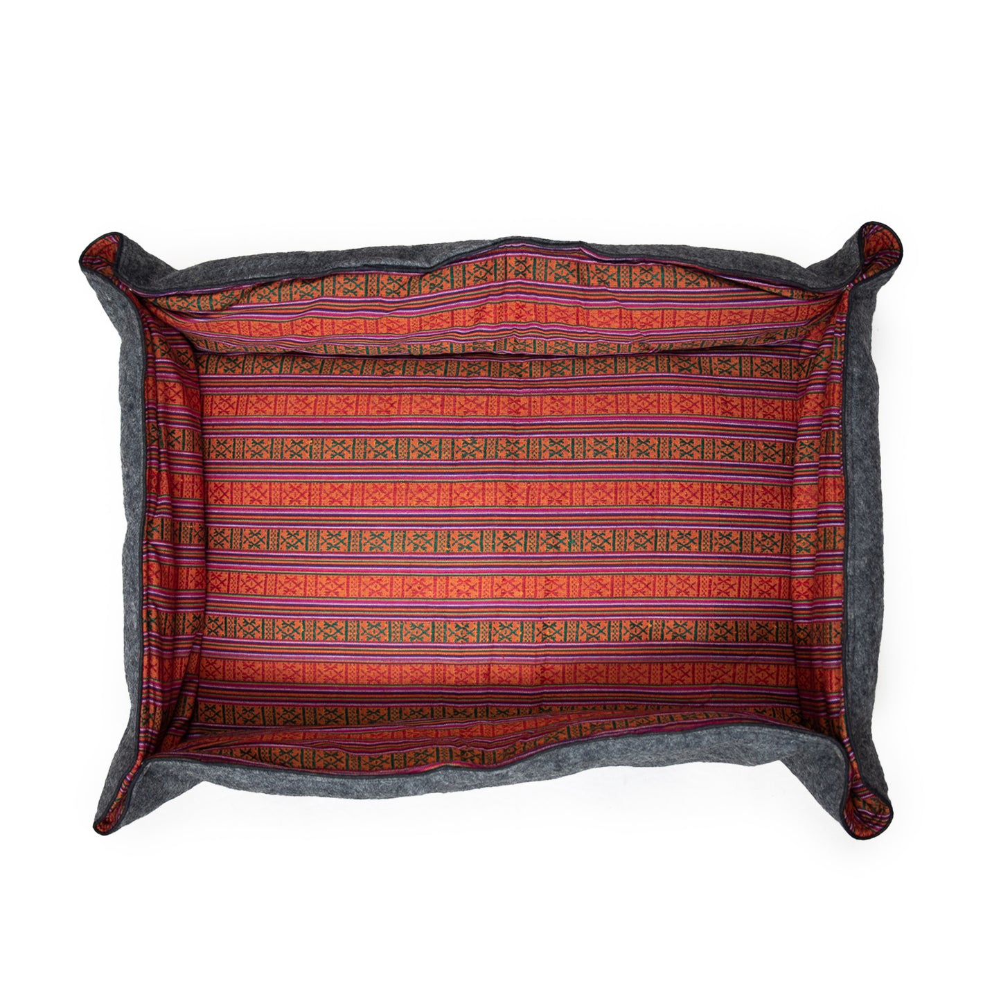 Whiskers Home Wool Felt Dog Bed with 100% Wool and Dhaka Fabric Cover Color Red Stripped Blue Gray