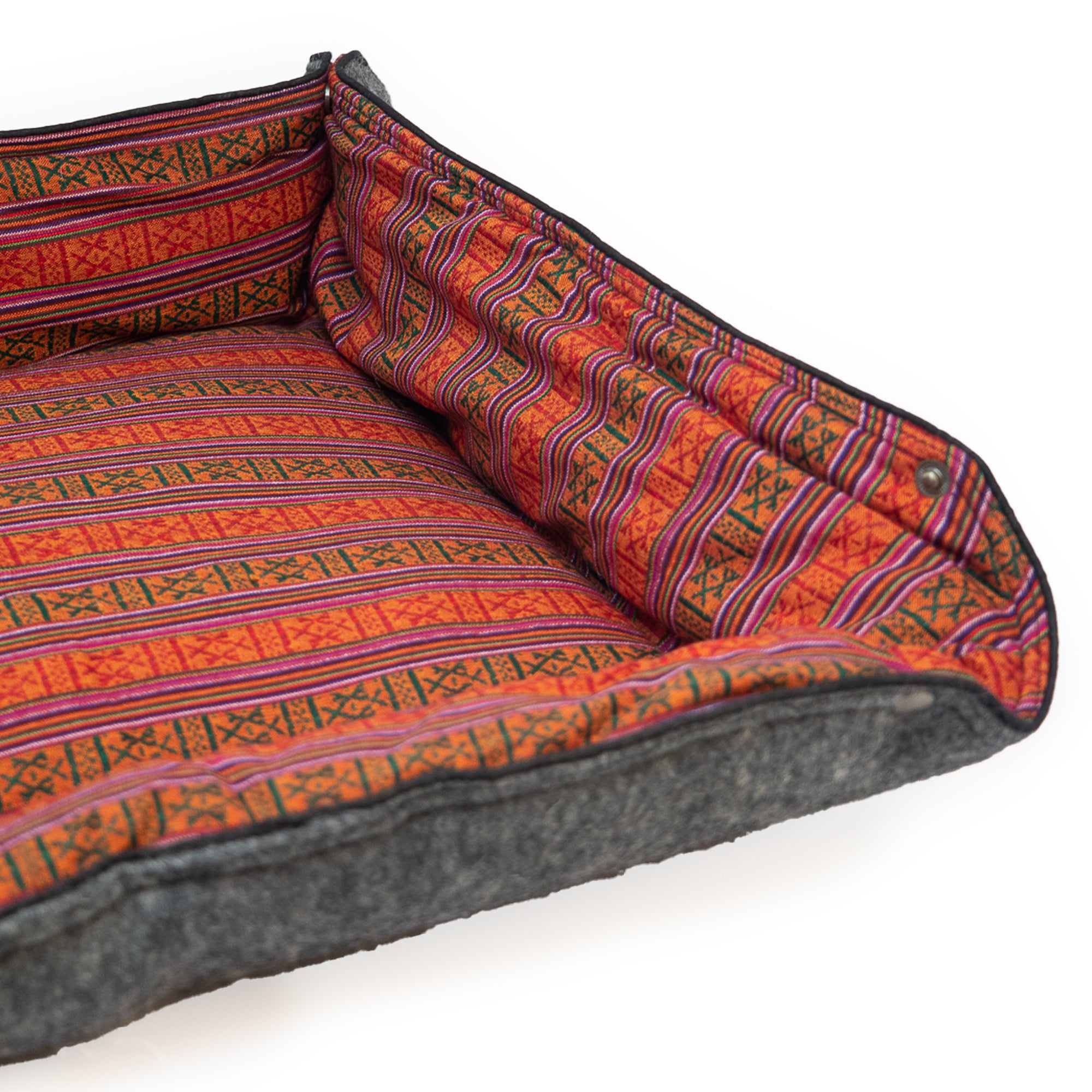 Whiskers Home Wool Felt Dog Bed with 100% Wool and Dhaka Fabric Cover Color Red Stripped Blue Gray