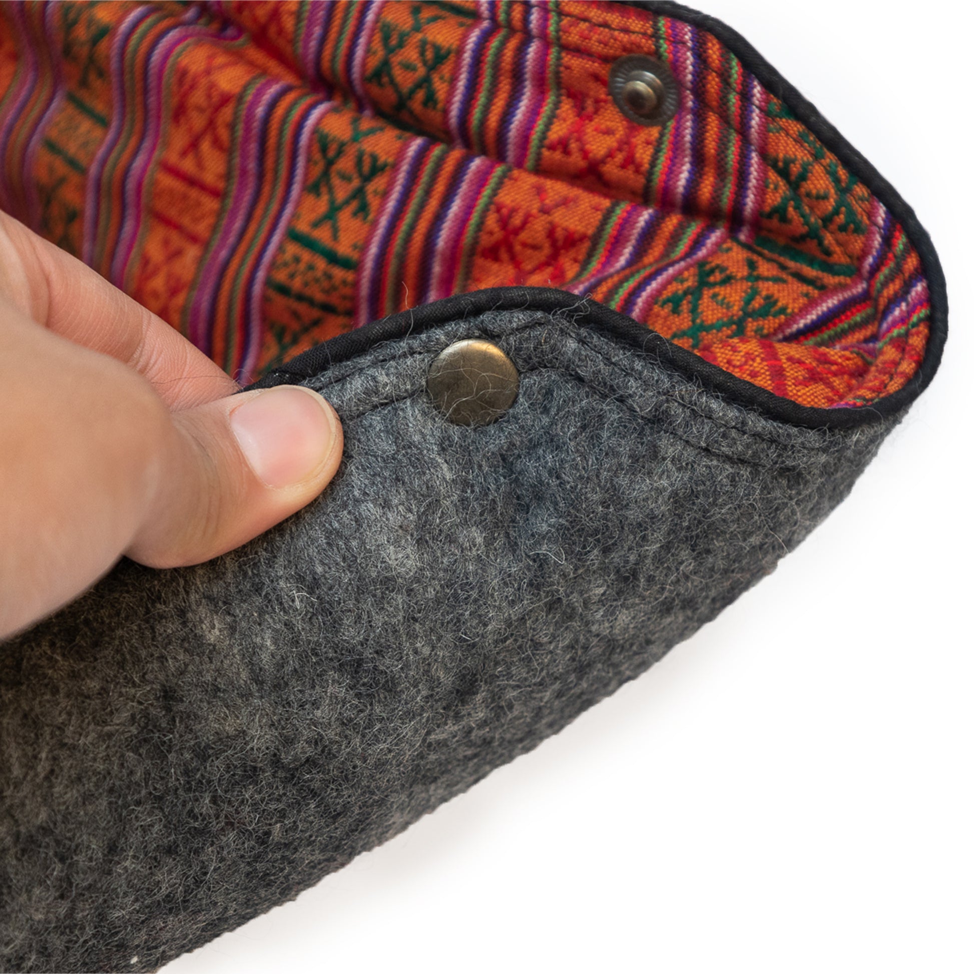 Whiskers Home Wool Felt Dog Bed with 100% Wool and Dhaka Fabric Cover Color Red Stripped Blue Gray
