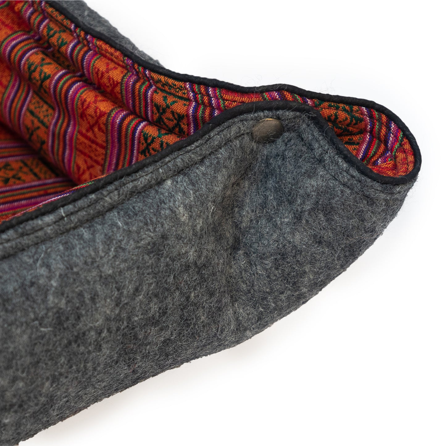 Whiskers Home Wool Felt Dog Bed with 100% Wool and Dhaka Fabric Cover Color Red Stripped Blue Gray