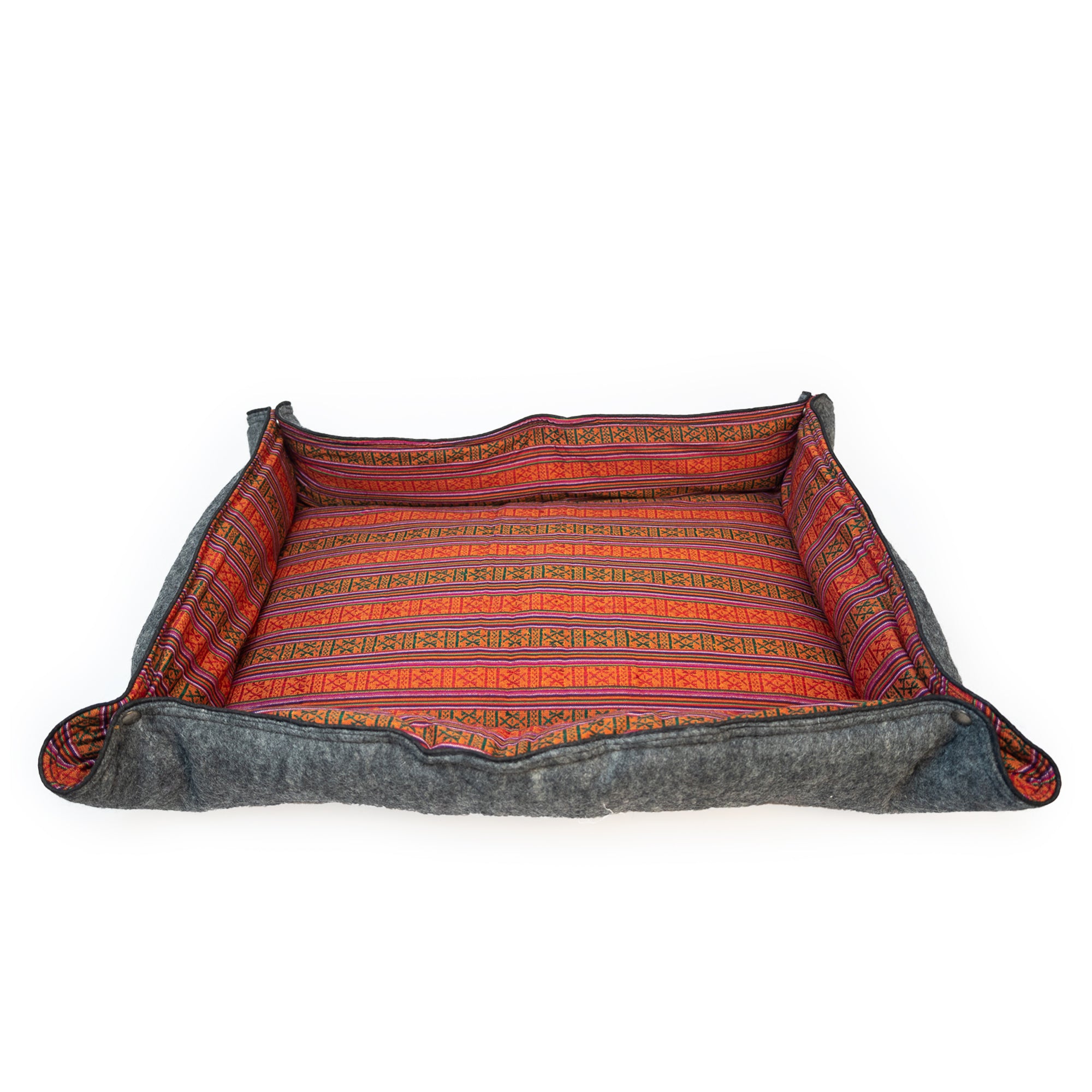 Whiskers Home Wool Felt Dog Bed with 100% Wool and Dhaka Fabric Cover Color Red Stripped Blue Gray