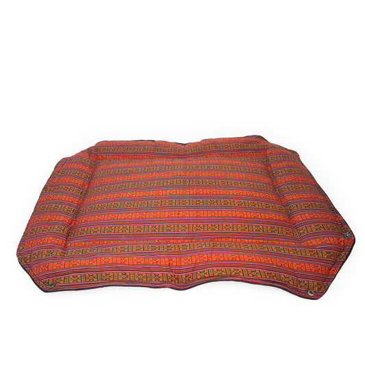 Whiskers Home Wool Felt Dog Bed with 100% Wool and Dhaka Fabric Cover Color Red Stripped Blue Gray