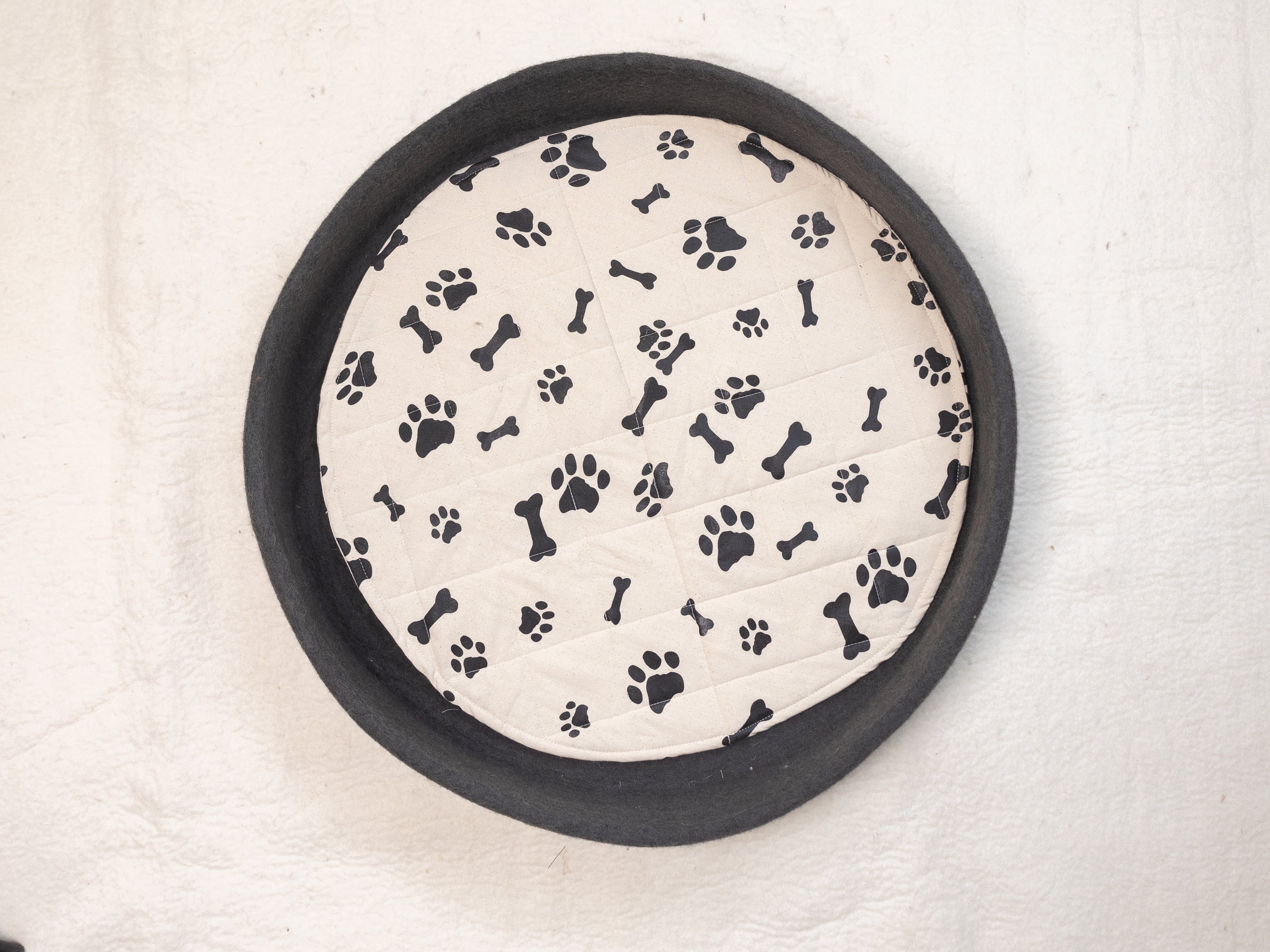 Wool Felt Round Dog Bed with Cushion From Top Angle