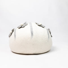 100% New Zealand Wool Felt Cat Bed color floral off white gray lower cat cave, handmade cat cave, orange cat in the cat cave, white flower cat cave, unique cat house