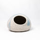 Front view of handmade blue stripe wool felt cat cave