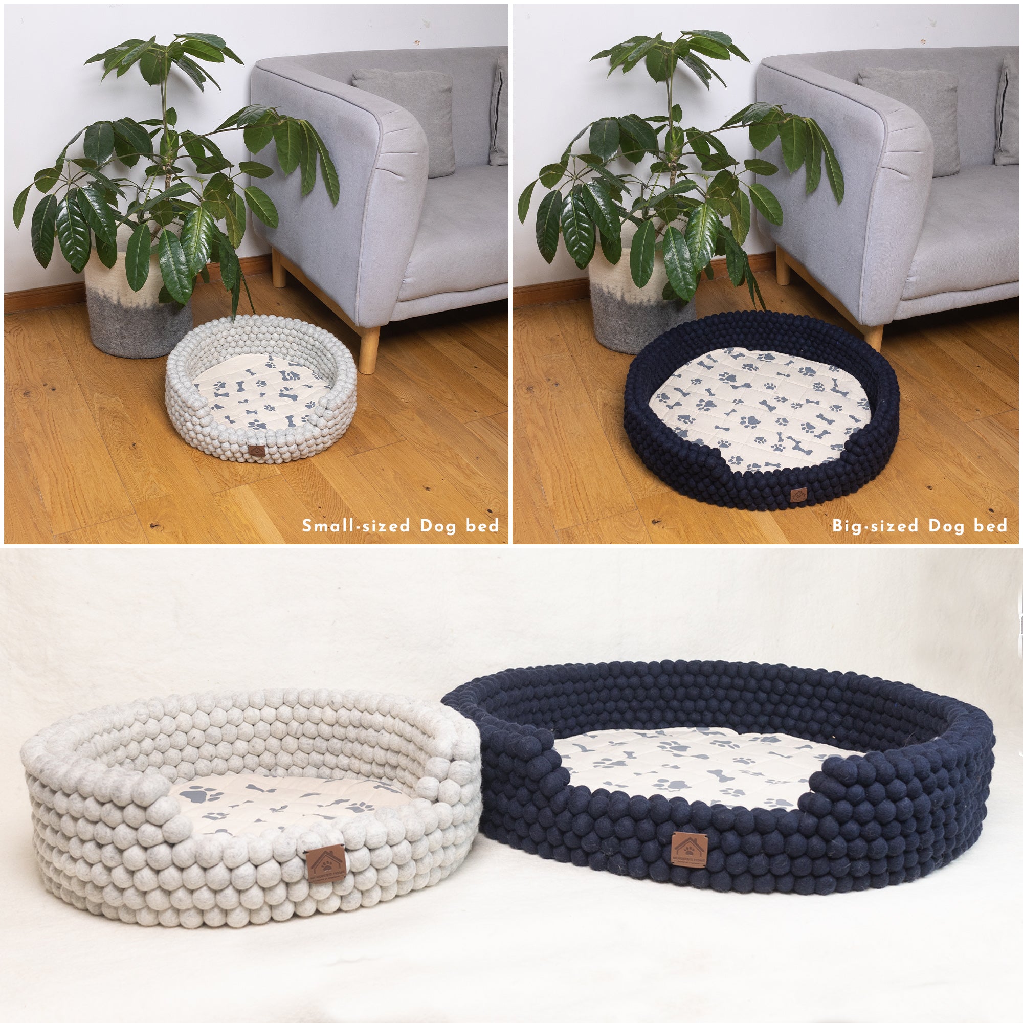 Grey and Dark Blue Felt Ball Dog Bed Size Difference 