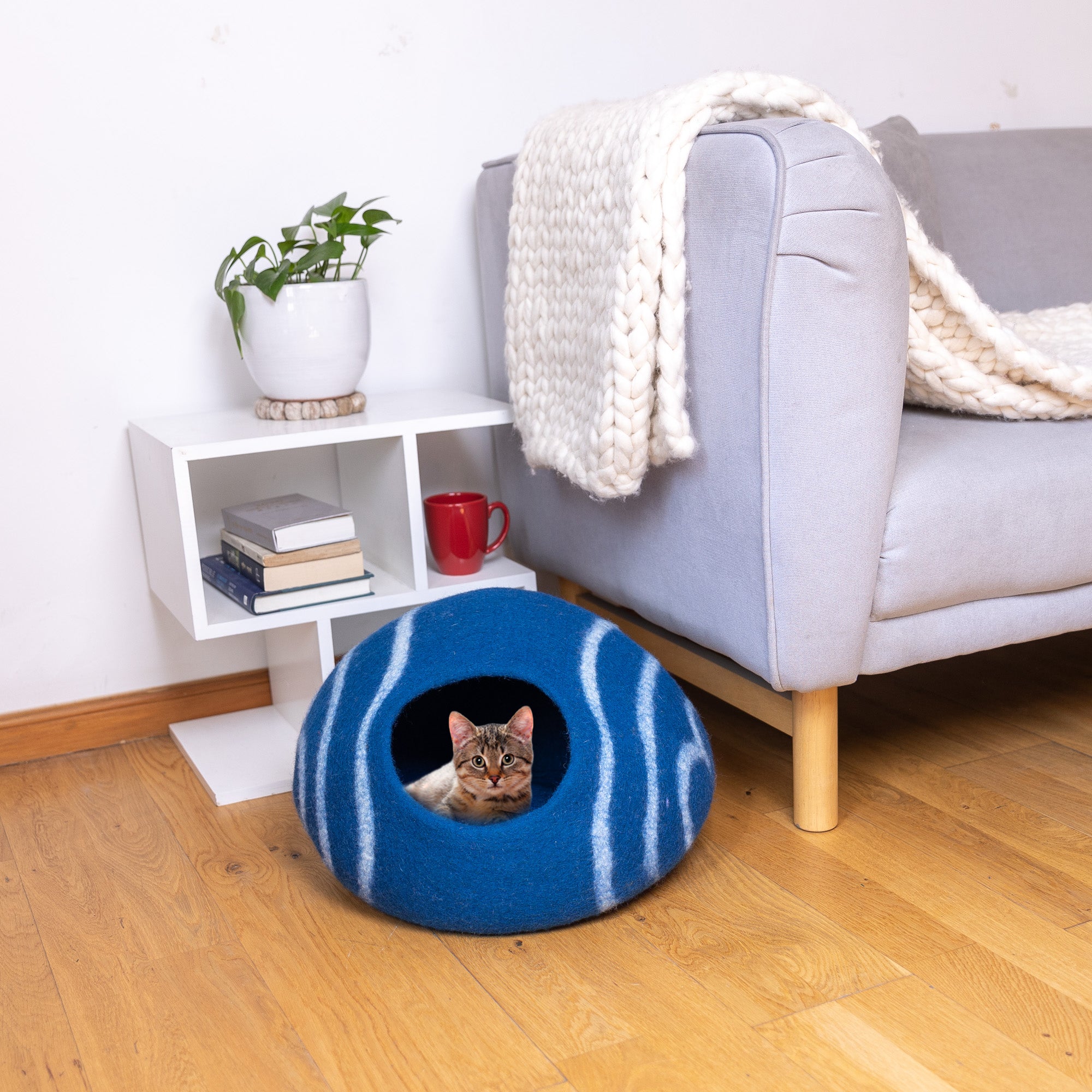 Blue Striped Cat Cave, Wool Felt Striped Cat Cave, Wool Cat House, Felt Cat Bed, Handmade Cat House