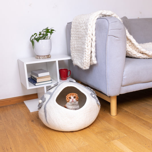 100% New Zealand Wool Felt Cat Bed color floral off white gray lower cat cave, handmade cat cave, orange cat in the cat cave, white flower cat cave, unique cat house