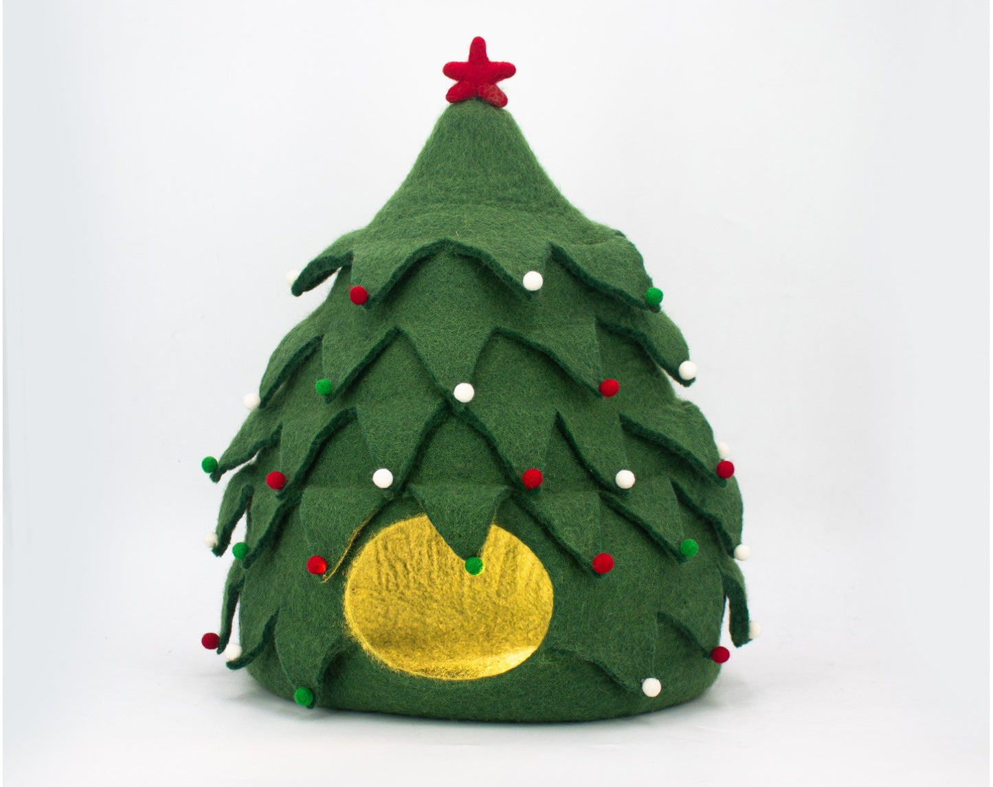 Green felt Christmas tree decoration with red and gold details on a white background