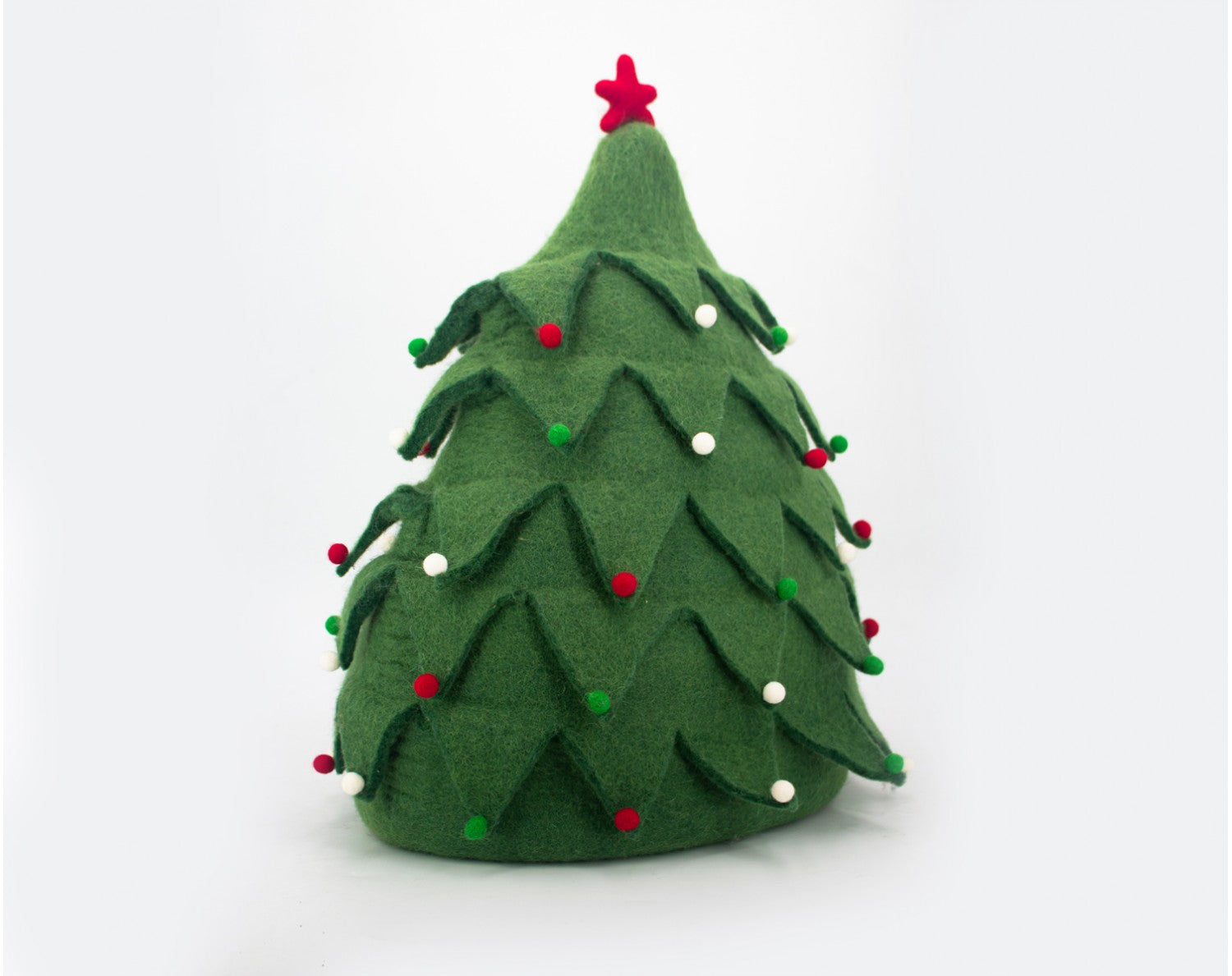 Green felt Christmas tree ornament with red and white decorations on a white background