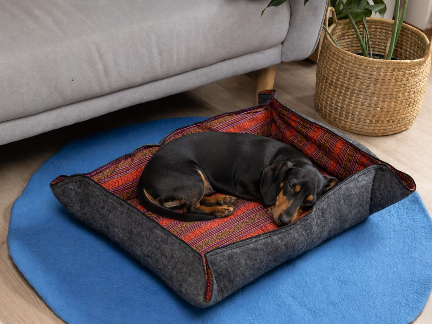 Whisker's Home Felt Dog Bed with 100% Wool and Dhaka Fabric Cover