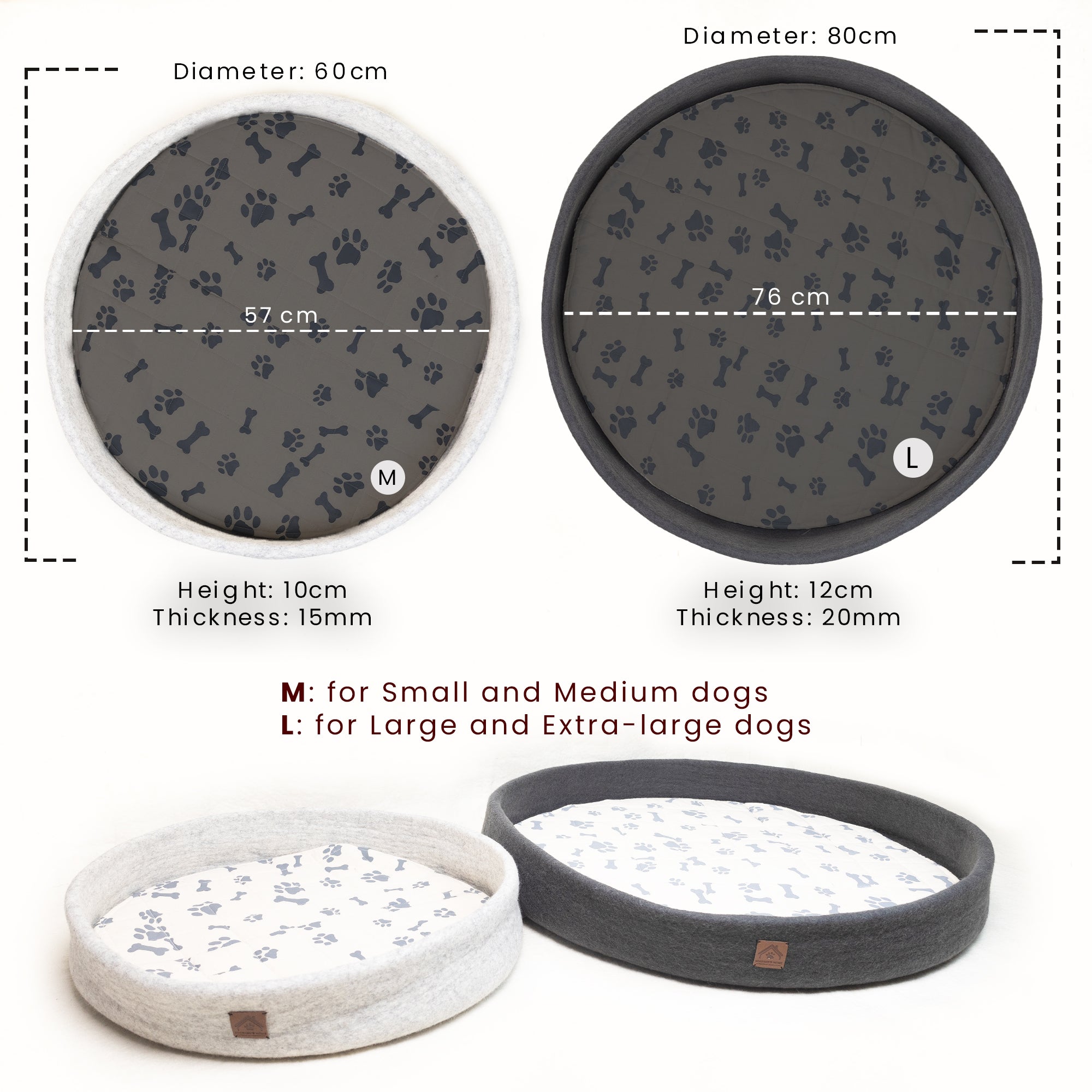 Measurement of medium and large dog bed indicating the diameters, height, thickness, black and grey dog bed, M for small and medium dogs, L for Large and Extra-large dogs.