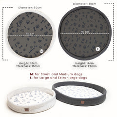 Measurement of medium and large dog bed indicating the diameters, height, thickness, black and grey dog bed, M for small and medium dogs, L for Large and Extra-large dogs.