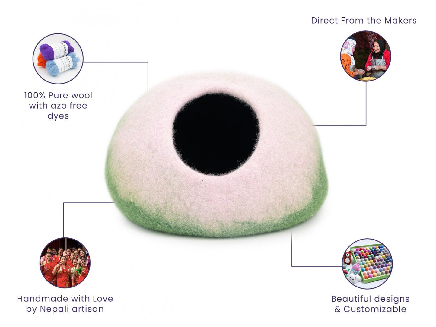 Whiskers Home Peach & Green Felt Cat Cave - 100% New Zealand Wool Whisker's Home