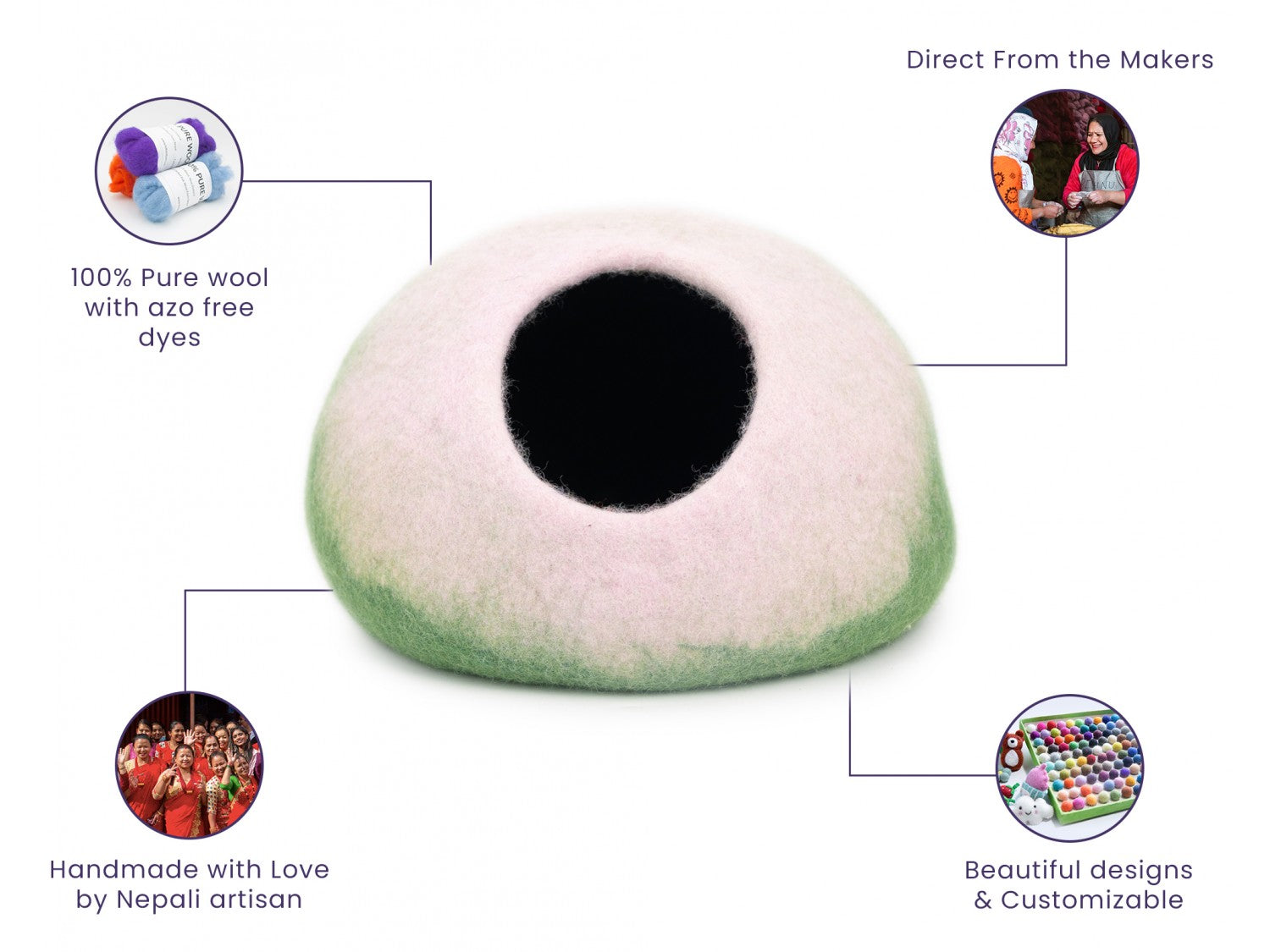 Whiskers Home Peach & Green Felt Cat Cave - 100% New Zealand Wool Whisker's Home