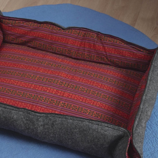 Whiskers Home Wool Felt Dog Bed with 100% Wool and Dhaka Fabric Cover Color Red Stripped Blue Gray