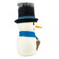 Plush snowman toy with a black top hat and blue scarf on a white background