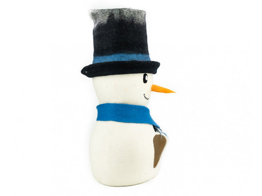 Plush snowman toy with a black top hat and blue scarf on a white background