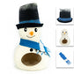 Snowman-shaped birdhouse with a black top hat, blue scarf, and orange beak on a white background.