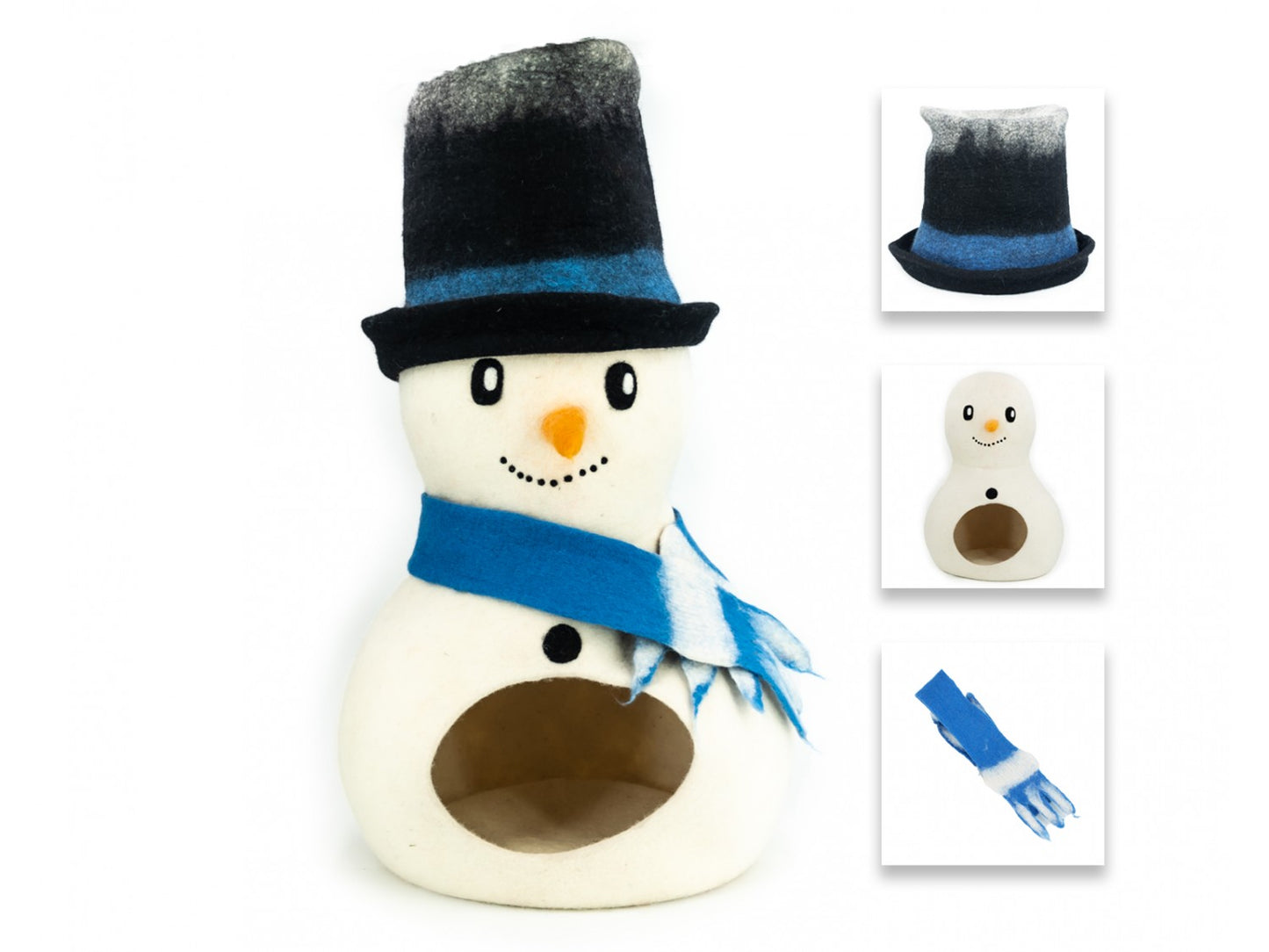 Snowman-shaped birdhouse with a black top hat, blue scarf, and orange beak on a white background.