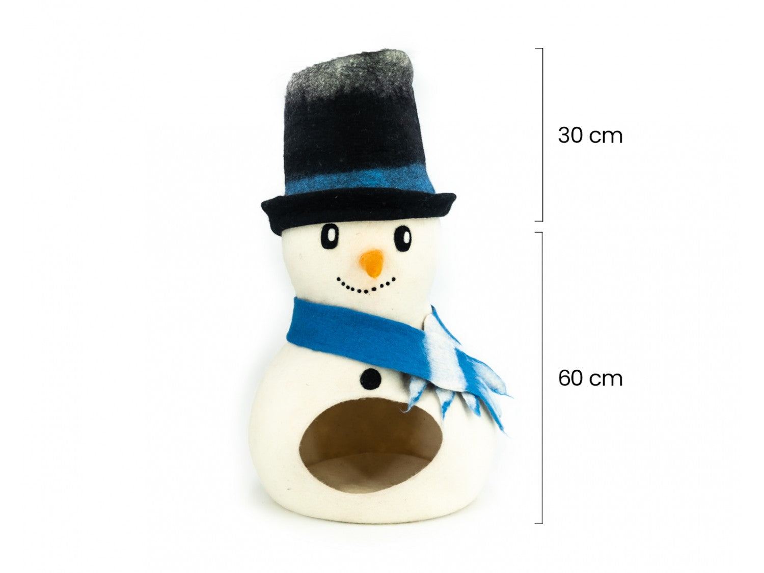 Snowman-shaped birdhouse with a blue scarf and black top hat, shown with measurements on a white background.