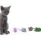 Gray cat sitting next to four colorful cat toys on a white background