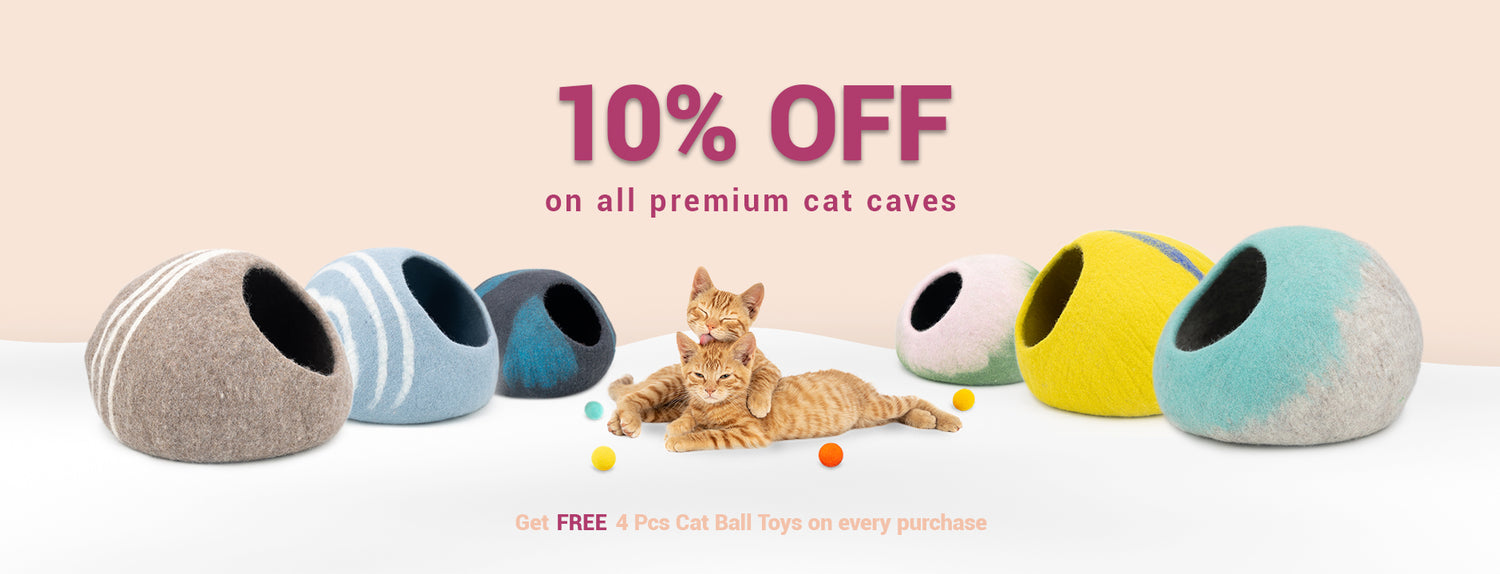 10% off premium handmade felt cat caves with free cat ball toys by Whisker’s Home