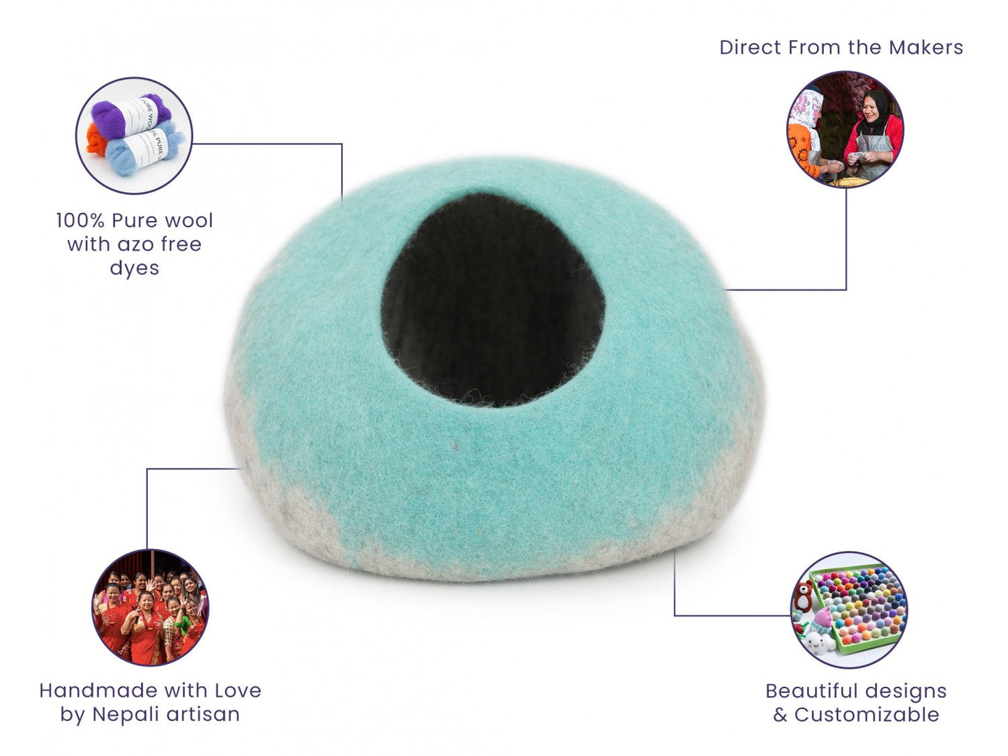 Whiskers Home Wool Felt Sky Blue Cat Bed 100% New Zealand Wool Whisker's Home