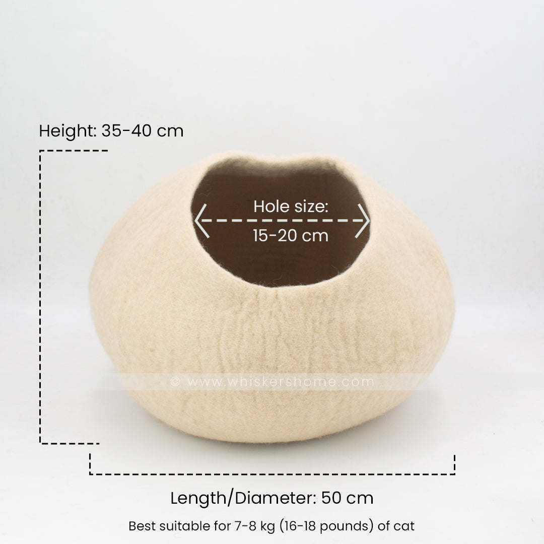 Light brown felt cat cave showing dimensions 50cm length and 35–40cm height