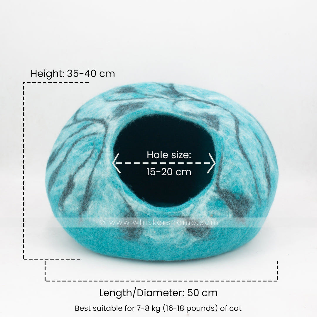 Ocean marble felt cat cave showing dimensions 50cm length and 35–40cm height