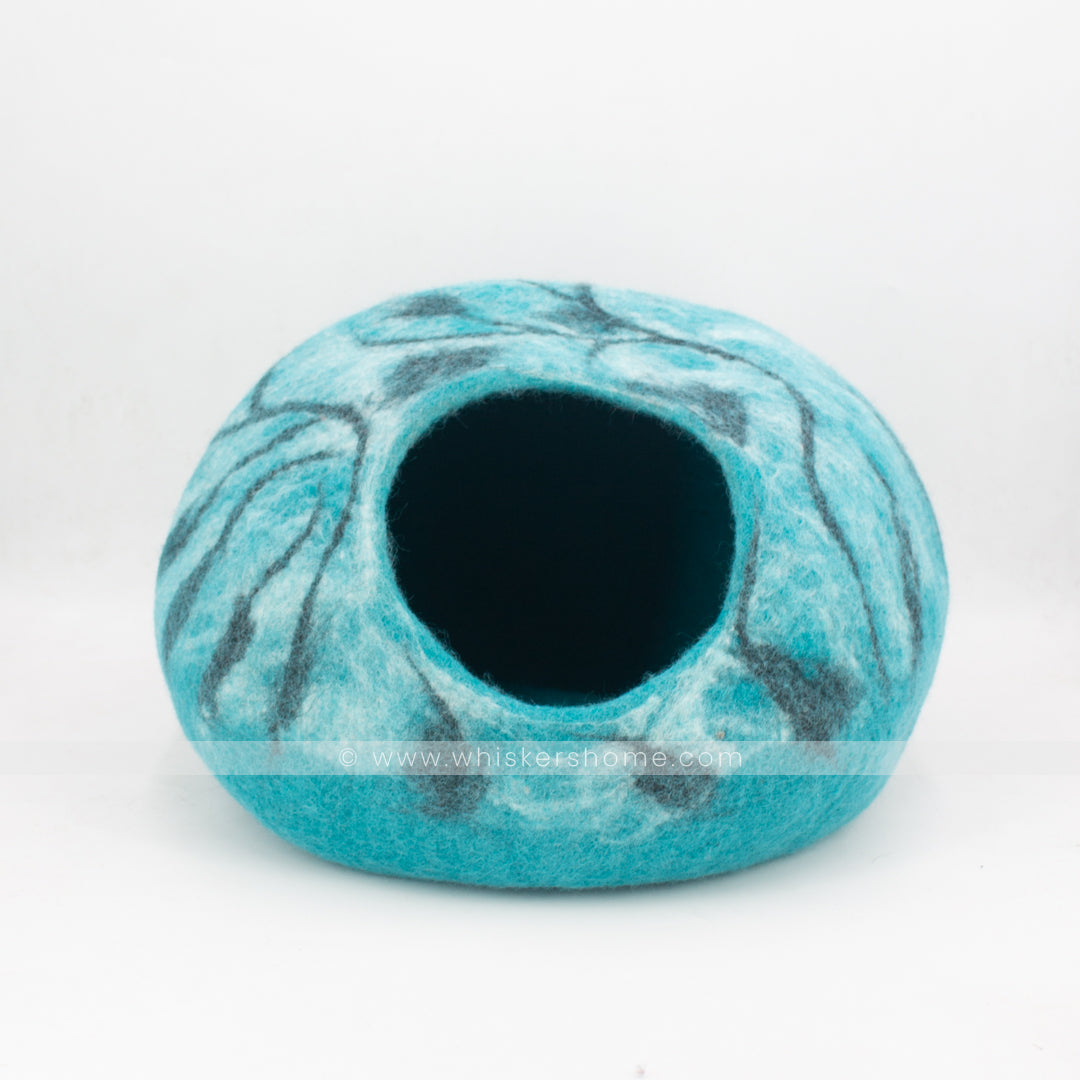 Front view of ocean marble felt cat cave made from 100% New Zealand wool