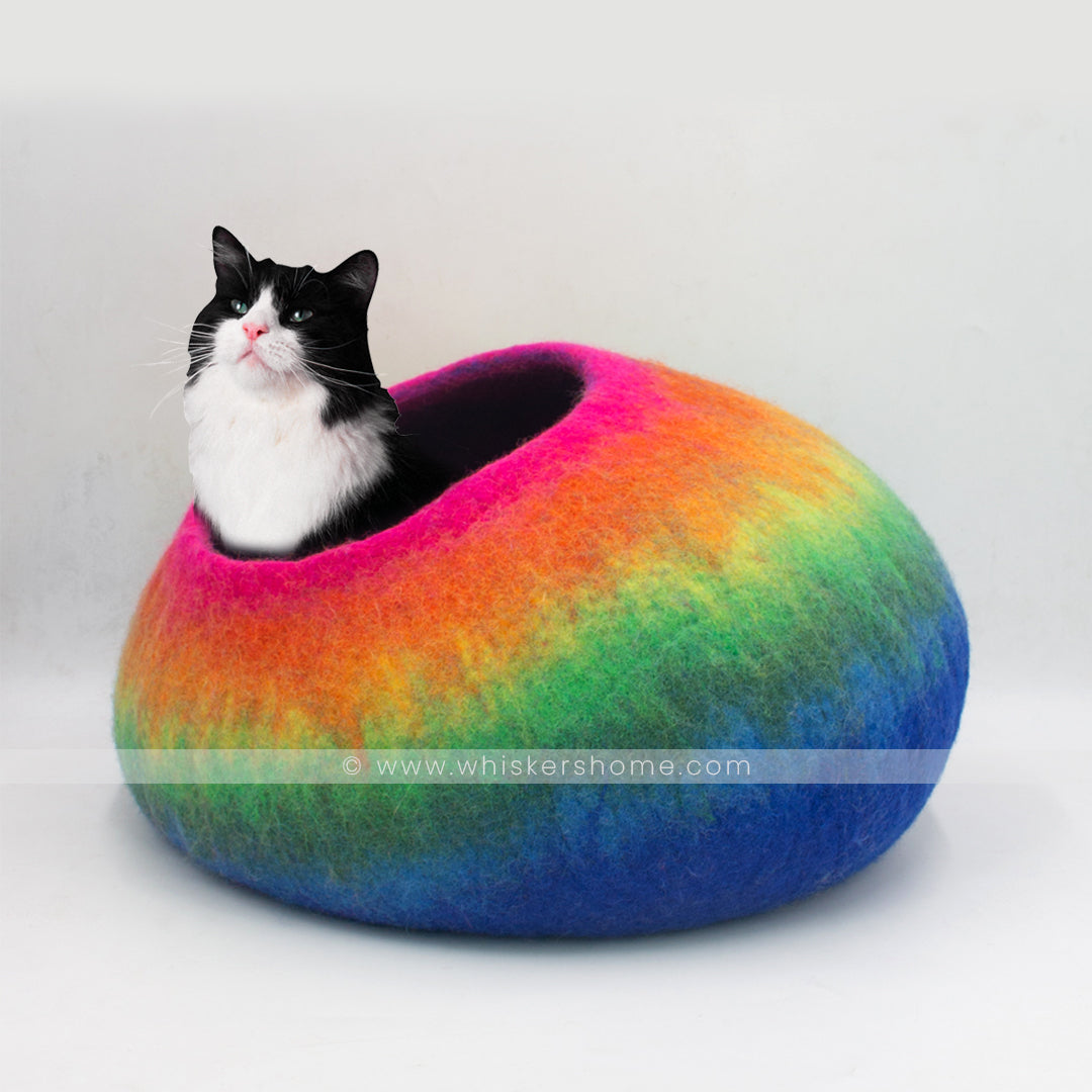 rainbow design cat cave, multicolor cat cave, felt cat cave