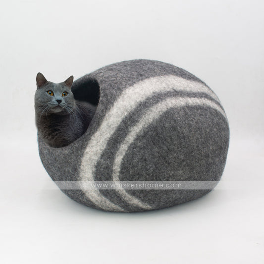 grey white strip cat cave, white stripe cat cave, grey cat cave
