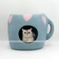 cup felt cat cave, blue heart felt cat cave, light blue felt cat cave 