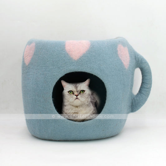 cup felt cat cave, blue heart felt cat cave, light blue felt cat cave 